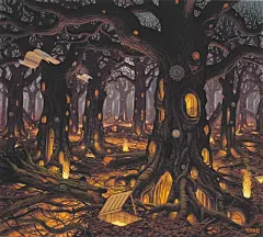 【波兰画家Jacek Yerka的奇幻世界】
这一幅叫“秋天”。整个森林都亮着暖暖的橙黄色，树里的小房间、小回廊和小栅栏，书化成的白鸟在飞，四处嵌着钟表，可是那敞开的地窖，那从下面泛出来的光，那树根处时时喷射的火焰，提醒你这也可能是地狱图景，下面的活火熔岩随时可能爆发。