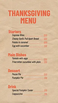 Commercial Use Thanksgiving Festival Menu