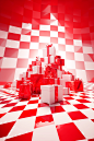 a red background, red and white checkered floor, in the style of multi-layered figures, bold yet graceful