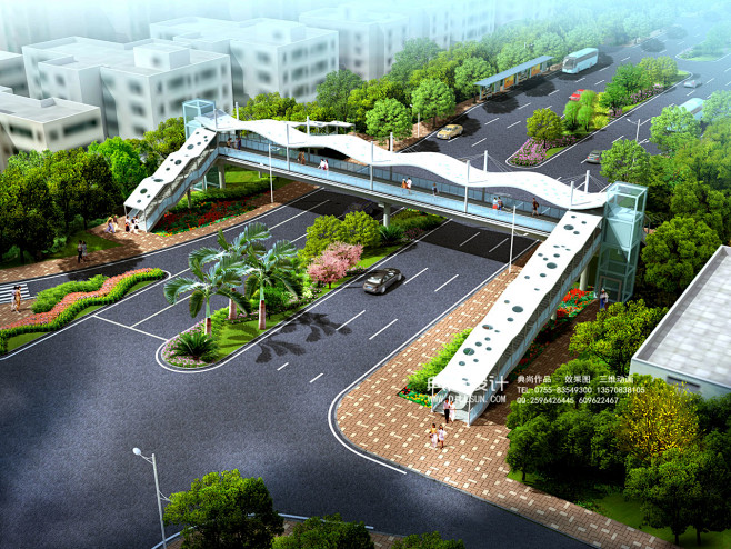 2a旅游大道路口天桥方案一 人行天桥过街效果图