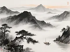 俯瞰视角，中国水墨意境的山水长卷在晨雾中徐徐展开，近处苍劲的松枝以焦墨勾勒，松针如剑般刺破薄雾，中景层叠的山峦以浓淡不一的墨色晕染出阴阳向背，山脊线在湿润的宣纸上自然渗化出朦胧的轮廓，远处淡墨渲染的峰峦在云海中若隐若现，几缕淡赭色的晨光穿透云层洒在最高的峰顶，留白处的云雾以飞白笔法表现出流动感，一叶孤舟在山脚下的江面若隐若现，整幅画面呈现出"墨分五色"的层次感与东方哲学的空灵意境。