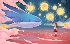 手绘唯美星空鲸鱼原创插画素材海报