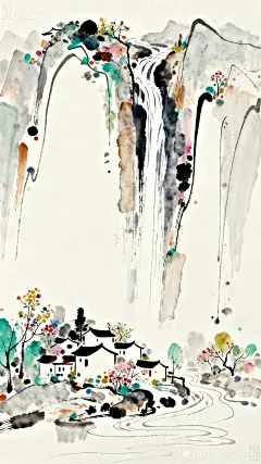 jimeng-2025-09-30-3050-线描插画，细腻质感唯美意境，笔触清晰，浓淡相宜，矿物色染，不同色阶云集，花草树木