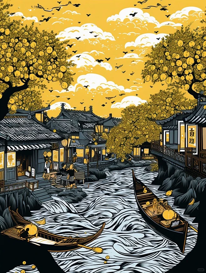 双色木刻版画：柠檬树下-花瓣网