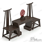 中式复古深棕色实木长方形卷边边桌高背官帽椅桌椅组合