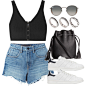 A fashion look from July 2016 featuring crop top, blue shorts and leather sneakers. Browse and shop related looks.