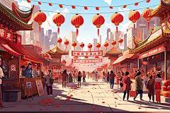 集市场景热闹扁平风插画