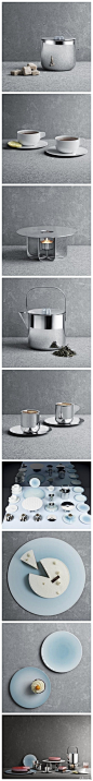 #看见•创艺#丹麦工作室Scholten & Baijings为当地的银饰珠宝公司Georg Jensen设计的茶具。灵感来自日本茶道用壶，并按丹麦设计师的喜好添加了咖啡套件。整个系列包括一个带茶滤的茶壶，一个保温炉，一个奶泡器，糖罐，一套espresso杯子，全为不锈钢材质。另外，蛋糕托盘由陶瓷制成。 (via:视觉中国)