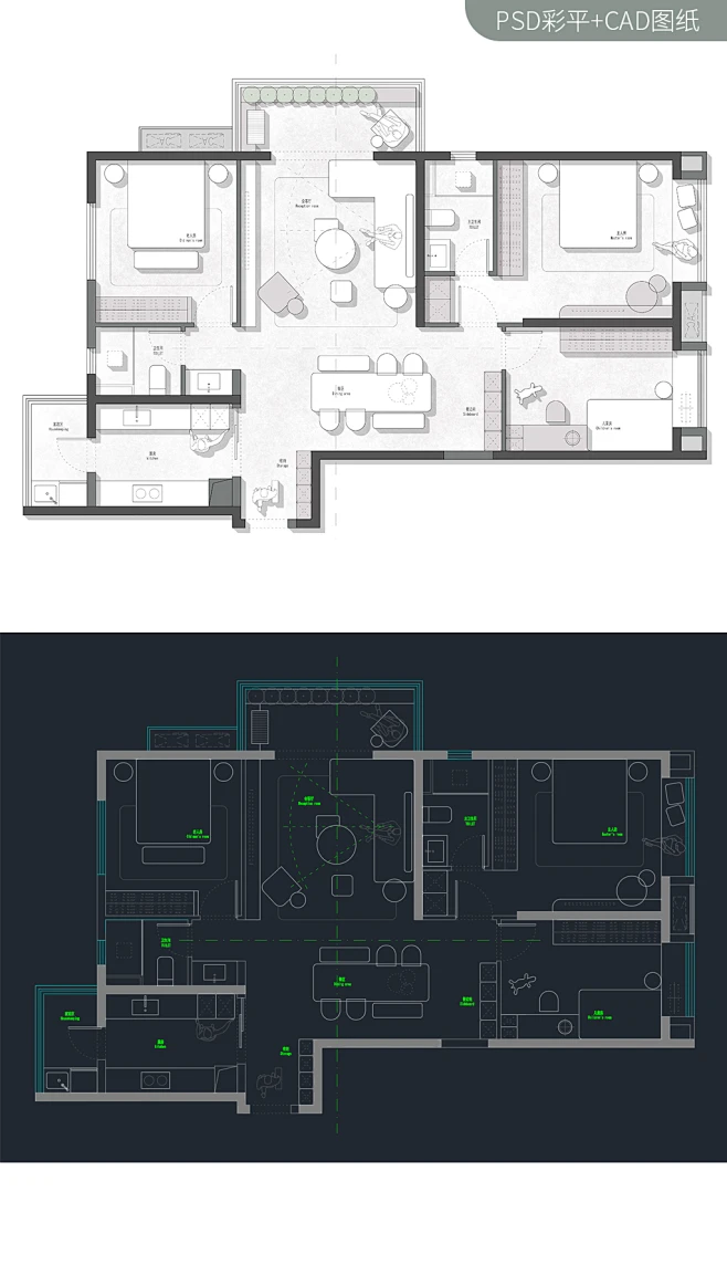 123㎡精装CAD+PS彩平图-花瓣网
