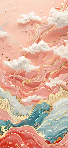 粉蓝配色山峦云海国风壁纸