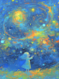 An oil painting in the style of Henri Matisse depicts a lonely and tiny little girl looking up at the starry sky. A vast expanse of the night sky is dotted with stars, and swirling lights and shadows interweave with blue, green, yellow, red, orange, and w