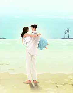 恩爱情侣海边约惠手绘插画