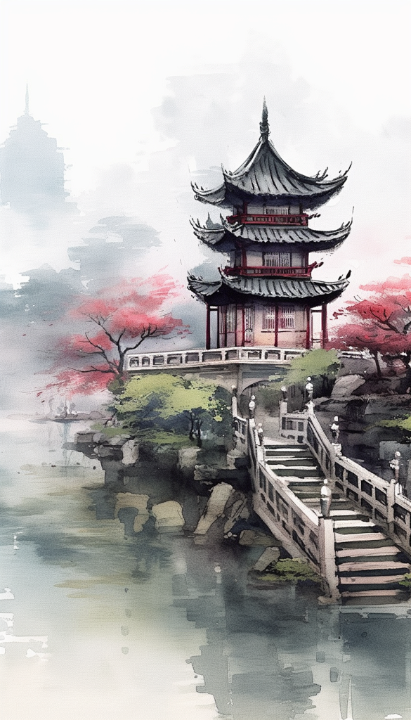 国画中式中国风水墨山水风景插画