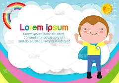 超级英雄小孩的背景。广告宣传册模板，你的文字。可爱的小超级英雄儿童。孩子和框架，孩子和框架。向量