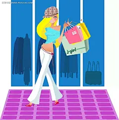 购物的金发女生卡通插画AI|绘画设计|角色|卡通人物|卡通人物图片|漫画人物|人物插画|人物素材|人物图片|矢量人物|矢量图|手绘人物|水彩