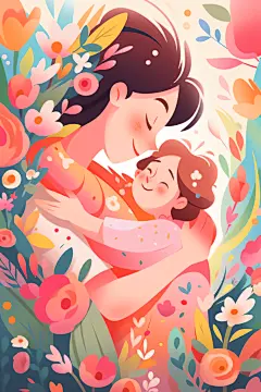 快乐幸福美好卡通母亲节插画