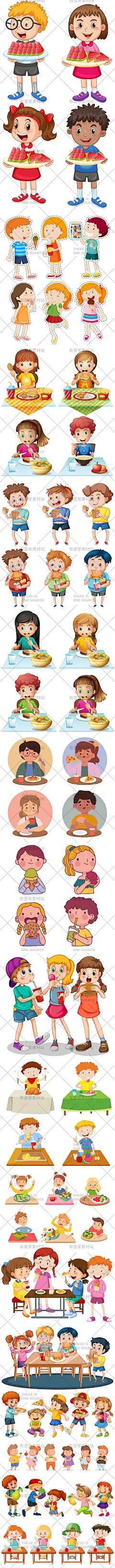 手绘小学生儿童小孩吃东西吃饭吃零食人物场景插画AI矢量设计素材-淘宝网