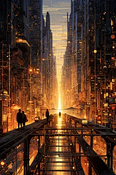 炫酷赛博朋克现代城市建筑插画