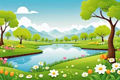 春意大树花丛花草植物插画背景图