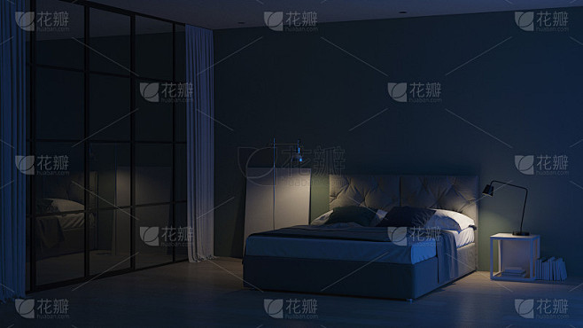 现代房子内部。带有玻璃隔板的室内卧室。的夜晚。晚上照明。3 d渲染。