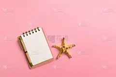 笔记本与贝壳粉红色的背景顶视图平lay。规划暑假、旅游和度假的概念