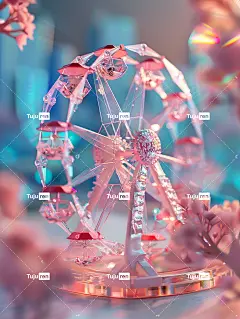 摩天轮糖果色3D微型景观，城市背景白色和粉色色彩缤纷玻璃纹理