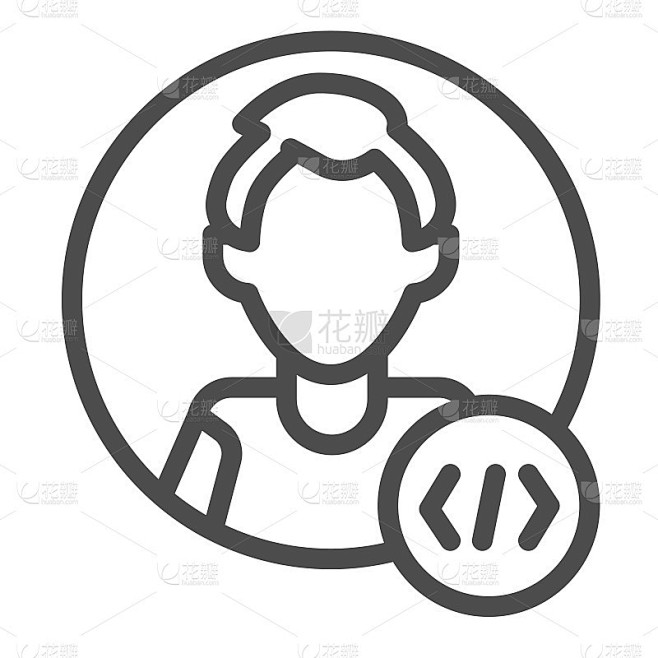 带有代码标签的编码员，程序员的化身，开发者线图标，ui概念，白色背景上的矢量符号，轮廓风格图标的移动