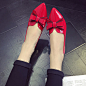 欧洲正品红色大蝴蝶结平跟平底甜美单鞋学生舒适套脚女鞋子