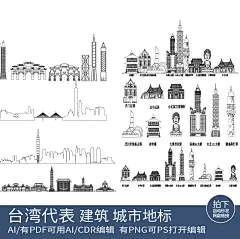 台湾城市剪影设计旅游插画手绘建筑地标景点天际线条稿线描素材