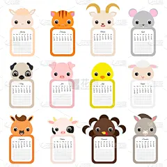 日历,可爱的,动物,2020,贺卡,月,狗,模板,猪,山羊
