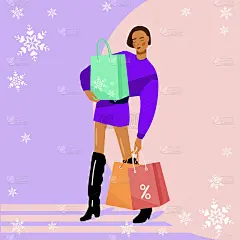 冬季购物。冬天的折扣。时尚插画。可爱的女人愿沐浴在冬季大甩卖中。拿着纸袋的女孩。