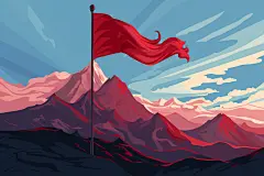 卡通山峦山峰上插着的红旗背景插画