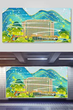 高端手绘蓝国潮风名胜景点插画海报