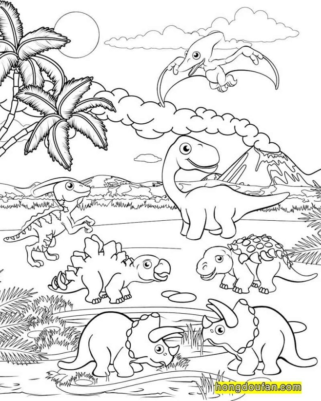 17张大恐龙卡通儿童填色图片下载！侏罗纪世界填色图片-红豆饭小学生简笔画大全
