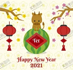 2021牛年新春卡通海报 【酷图网】2021,牛年,新春,卡通,海报,春节海报,新年海报,灯笼