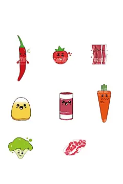 火锅蔬菜肉类表情小插画  - 源文件下载【酷图网】表情插画,蔬菜插画,表情包,辣椒玉米牛肉,食品小插画,