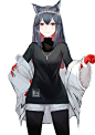 1girl animal_ears arknights bangs black_hair black_legwear black_shirt cowboy_shot gloves hand_on_hip highres jewelry legwear_under_shorts liangfen232 long_hair long_sleeves looking_at_viewer multicolored_hair necklace off_shoulder pantyhose red_gloves re
