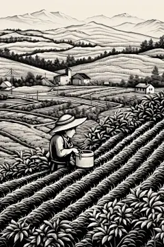 AI数字艺术复古铜版画茶园茶叶插画-众图网
