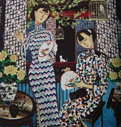 安霓霓采集到插画(李守白重彩旗袍画)