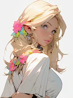 动漫中头戴花冠的漂亮金发女孩，浅粉色和白色风格，dao trong le，重度阴影，闪亮/光泽，浅粉色和深棕色，深粉色和浅绿色