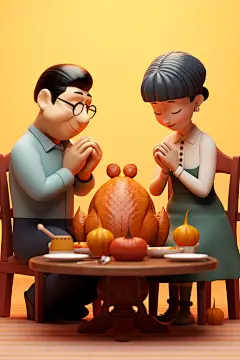 烤火鸡祈祷感恩节人物模型