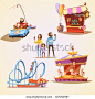 Amusement park cartoon set with retro style attractions isolated vector illustration - stock vector