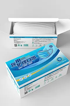 大气简约蓝色医用口罩包装设计提案样机-众图网