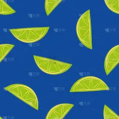 柑橘类水果半矢量无缝图案背景。青柠片在钴蓝色的背景下。手绘几何插图与胶印颜色。热带重复为饮料成分或食