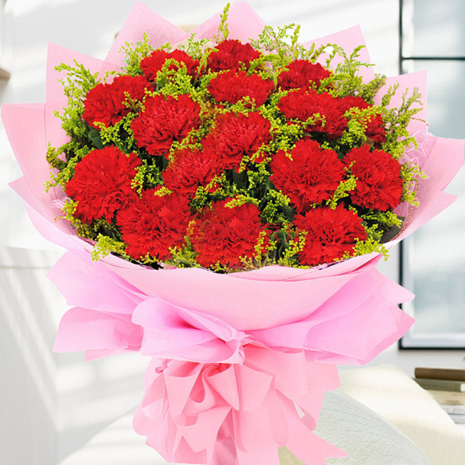 红色康乃馨的花语为：热烈的爱！