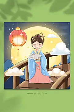 手绘卡通嫦娥玉兔中秋节插画