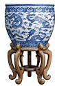 A BLUE AND WHITE JARDINIERE, GUANGXU PERIOD (1875-1908)  painted with nine lively five-clawed dragons amongst flame and cloud scrolls, above breaking waves and below a band of ruyi panels       37cm high, with wood stand: @北坤人素材