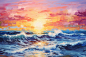 大海阳光夕阳油画风海边晚霞风景插画图片