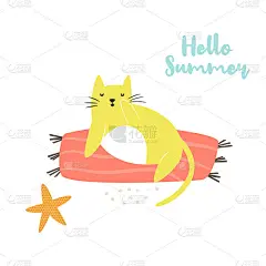 可爱的手绘猫在海滩上。夏天的时间。孤立的斯堪的纳维亚卡通插图。