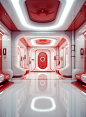 Entrance hall of future spacecraft, deep white and red, realistic color scheme, skincare lab, vibrant illustrations, rendered cinema4d style, lit with red, in Art Deco style, straight line form, filled with light, security camera